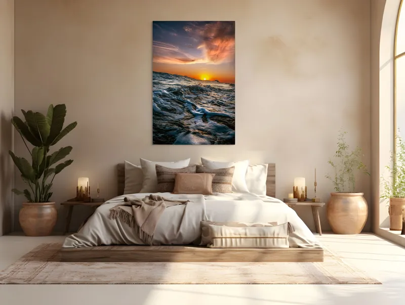 Tablou Canvas, "Apusul viselor pe oceanul nemărginit", Cer, Apus, Valuri, Spumă, Orizont, Lumină, Reflecție, 100 x 150 cm – poza 3