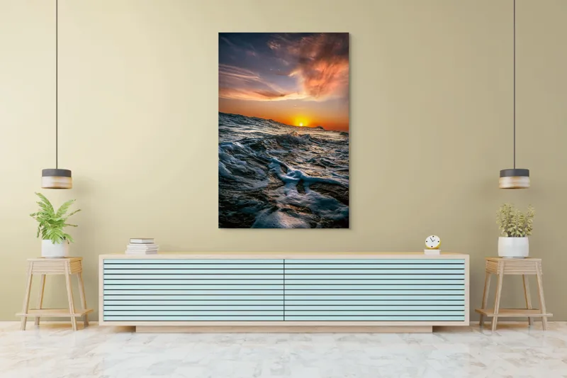 Tablou Canvas, "Apusul viselor pe oceanul nemărginit", Cer, Apus, Valuri, Spumă, Orizont, Lumină, Reflecție, 100 x 150 cm – poza 4