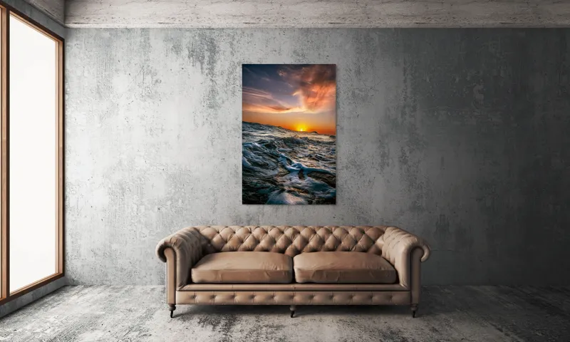 Tablou Canvas, "Apusul viselor pe oceanul nemărginit", Cer, Apus, Valuri, Spumă, Orizont, Lumină, Reflecție, 100 x 150 cm – poza 6