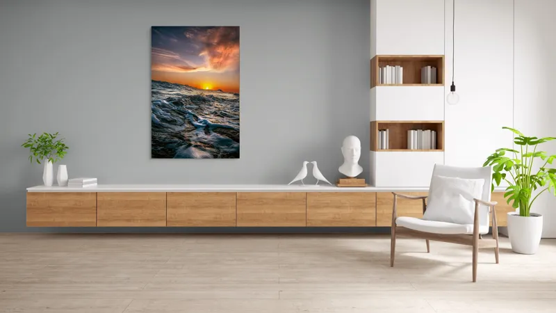 Tablou Canvas, "Apusul viselor pe oceanul nemărginit", Cer, Apus, Valuri, Spumă, Orizont, Lumină, Reflecție, 100 x 150 cm – poza 8