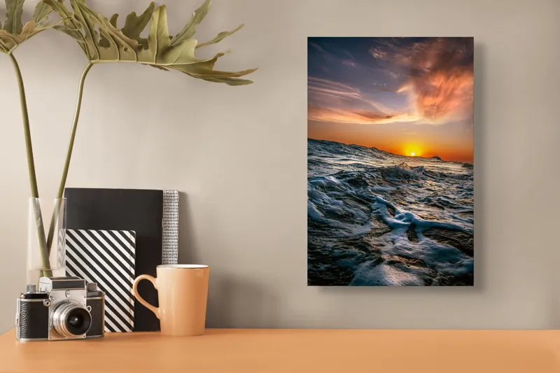 Tablou Canvas, "Apusul viselor pe oceanul nemărginit", Cer, Apus, Valuri, Spumă, Orizont, Lumină, Reflecție, 26 x 39 cm – poza 3
