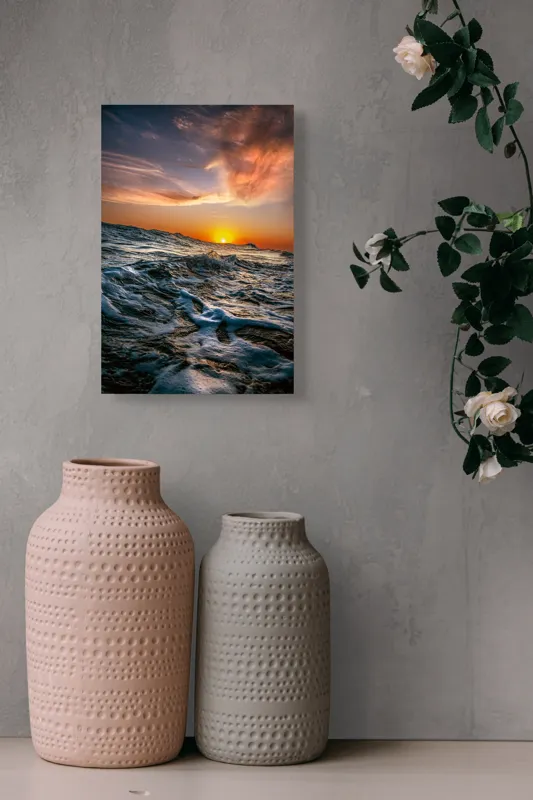 Tablou Canvas, "Apusul viselor pe oceanul nemărginit", Cer, Apus, Valuri, Spumă, Orizont, Lumină, Reflecție, 26 x 39 cm – poza 6