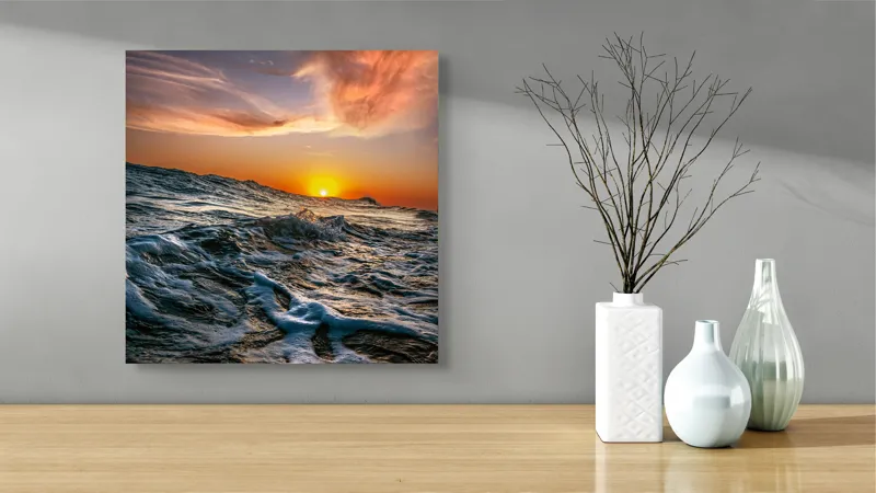 Tablou Canvas, "Apusul viselor pe oceanul nemărginit", Cer, Apus, Valuri, Spumă, Orizont, Lumină, Reflecție, 50 x 50 cm – poza 3