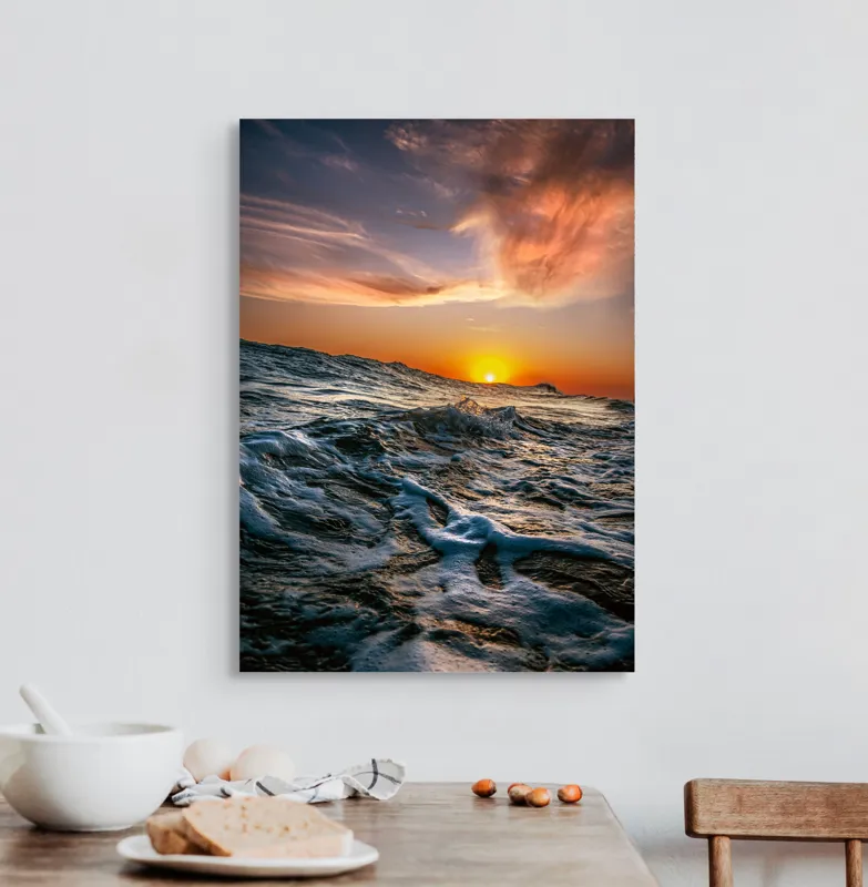 Tablou Canvas, "Apusul viselor pe oceanul nemărginit", Cer, Apus, Valuri, Spumă, Orizont, Lumină, Reflecție, 50 x 70 cm – poza 3