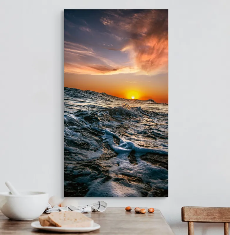 Tablou Canvas, "Apusul viselor pe oceanul nemărginit", Cer, Apus, Valuri, Spumă, Orizont, Lumină, Reflecție, 50 x 90 cm – poza 3