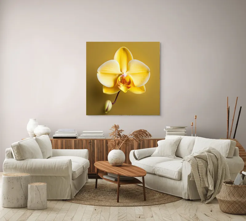 Tablou Canvas, "Orhidee galbenă pe fundal auriu", Floare, Galben, Orhidee, Delicat, Natură, Eleganță, Contrast, Petale, Simetrie, Boboc., 100 x 100 cm – poza 3