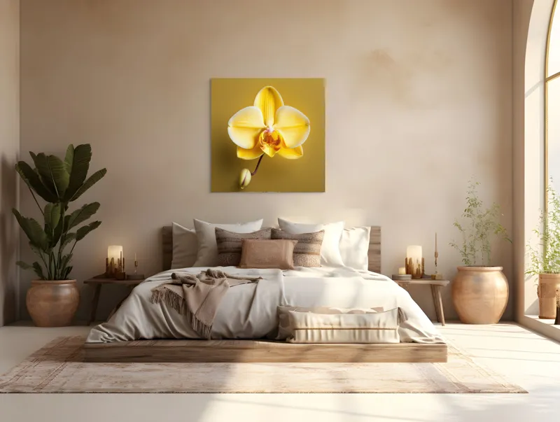 Tablou Canvas, "Orhidee galbenă pe fundal auriu", Floare, Galben, Orhidee, Delicat, Natură, Eleganță, Contrast, Petale, Simetrie, Boboc., 100 x 100 cm – poza 4
