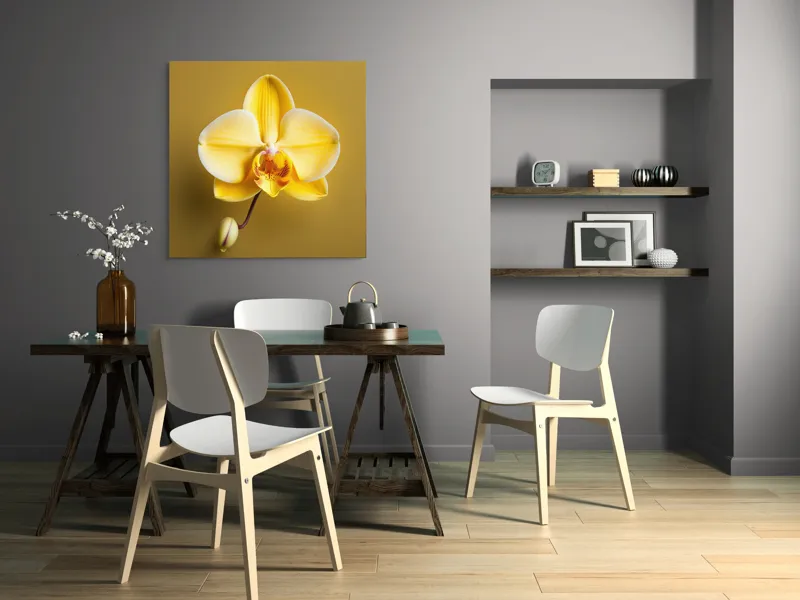 Tablou Canvas, "Orhidee galbenă pe fundal auriu", Floare, Galben, Orhidee, Delicat, Natură, Eleganță, Contrast, Petale, Simetrie, Boboc., 100 x 100 cm – poza 6