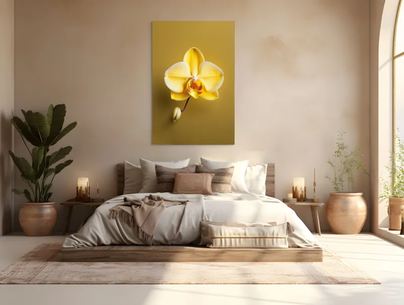 Tablou Canvas, "Orhidee galbenă pe fundal auriu", Floare, Galben, Orhidee, Delicat, Natură, Eleganță, Contrast, Petale, Simetrie, Boboc., 100 x 150 cm – poza 3