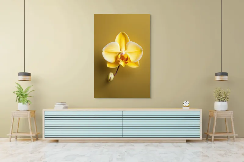 Tablou Canvas, "Orhidee galbenă pe fundal auriu", Floare, Galben, Orhidee, Delicat, Natură, Eleganță, Contrast, Petale, Simetrie, Boboc., 100 x 150 cm – poza 4