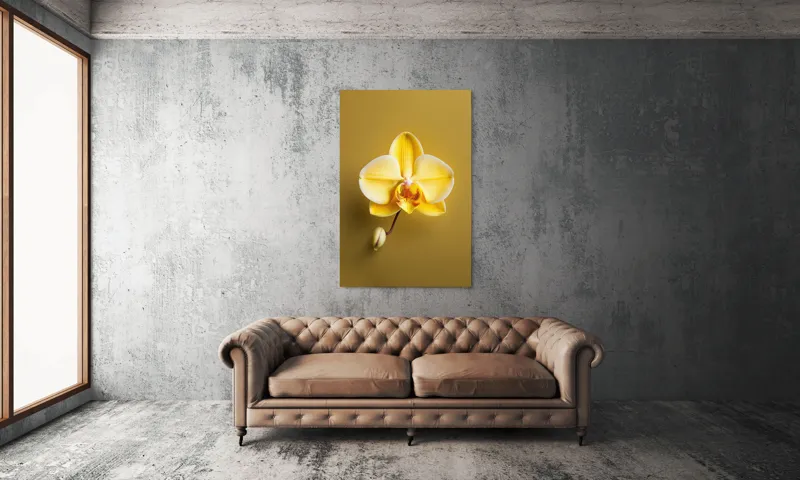 Tablou Canvas, "Orhidee galbenă pe fundal auriu", Floare, Galben, Orhidee, Delicat, Natură, Eleganță, Contrast, Petale, Simetrie, Boboc., 100 x 150 cm – poza 6