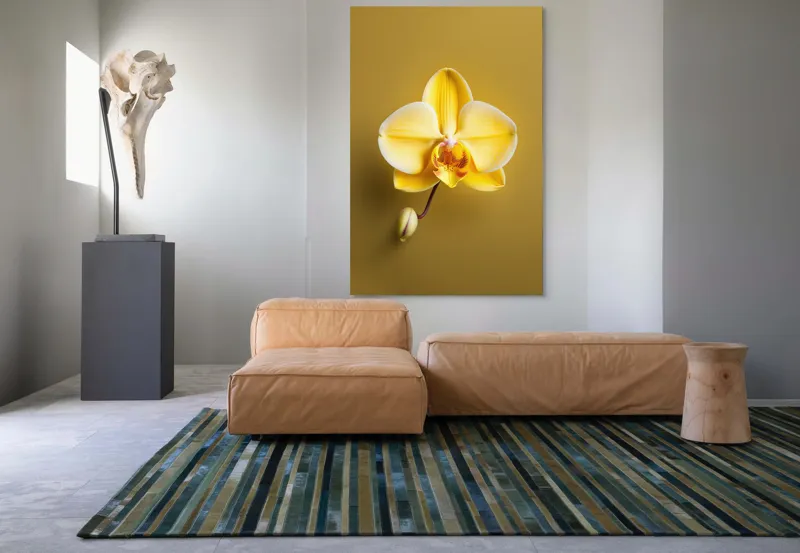 Tablou Canvas, "Orhidee galbenă pe fundal auriu", Floare, Galben, Orhidee, Delicat, Natură, Eleganță, Contrast, Petale, Simetrie, Boboc., 100 x 150 cm – poza 7