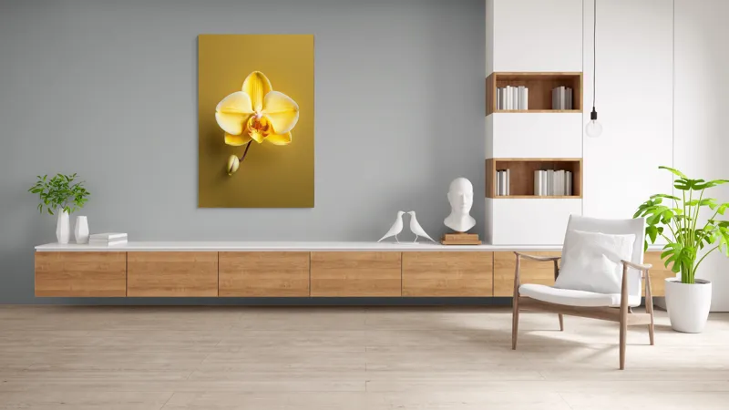 Tablou Canvas, "Orhidee galbenă pe fundal auriu", Floare, Galben, Orhidee, Delicat, Natură, Eleganță, Contrast, Petale, Simetrie, Boboc., 100 x 150 cm – poza 8