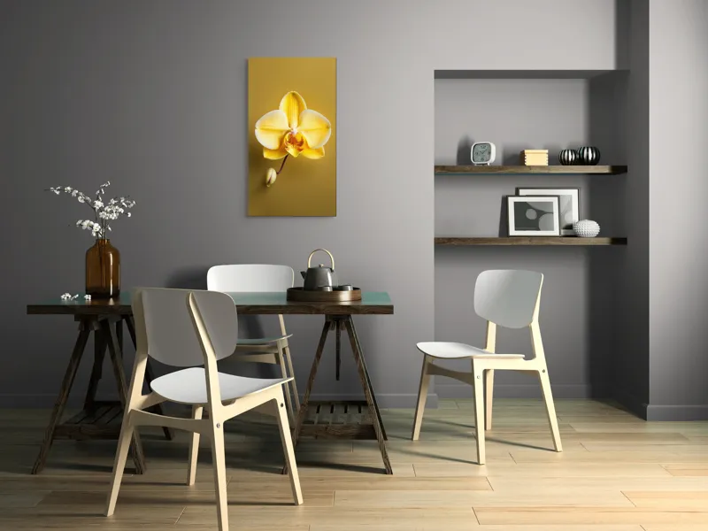 Tablou Canvas, "Orhidee galbenă pe fundal auriu", Floare, Galben, Orhidee, Delicat, Natură, Eleganță, Contrast, Petale, Simetrie, Boboc., 50 x 90 cm – poza 4
