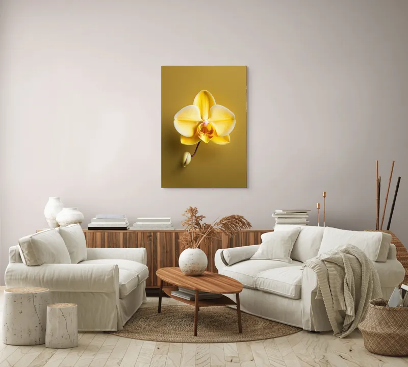 Tablou Canvas, "Orhidee galbenă pe fundal auriu", Floare, Galben, Orhidee, Delicat, Natură, Eleganță, Contrast, Petale, Simetrie, Boboc., 70 x 100 cm – poza 4