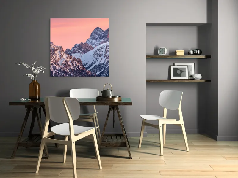 Tablou Canvas, "Lumina caldă a crestelor înzăpezite", Munți, Zăpadă, Amurg, Cer Roz, Vârfuri, Peisaj, Calm, 100 x 100 cm – poza 6