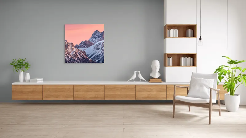 Tablou Canvas, "Lumina caldă a crestelor înzăpezite", Munți, Zăpadă, Amurg, Cer Roz, Vârfuri, Peisaj, Calm, 100 x 100 cm – poza 8