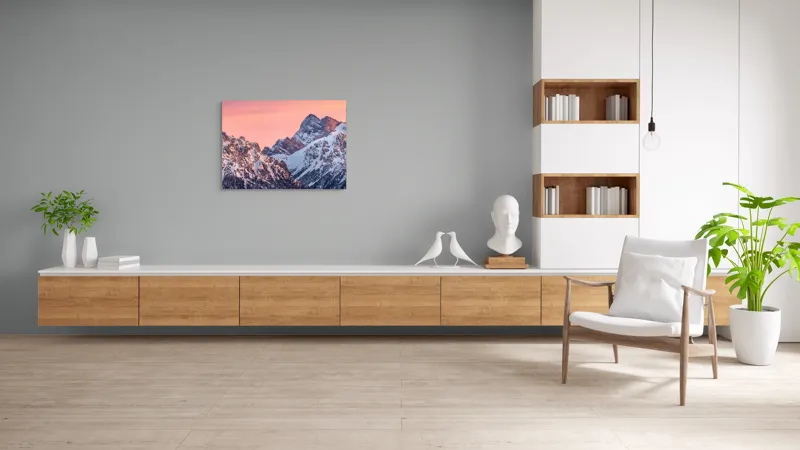Tablou Canvas, "Lumina caldă a crestelor înzăpezite", Munți, Zăpadă, Amurg, Cer Roz, Vârfuri, Peisaj, Calm, 100 x 70 cm – poza 6