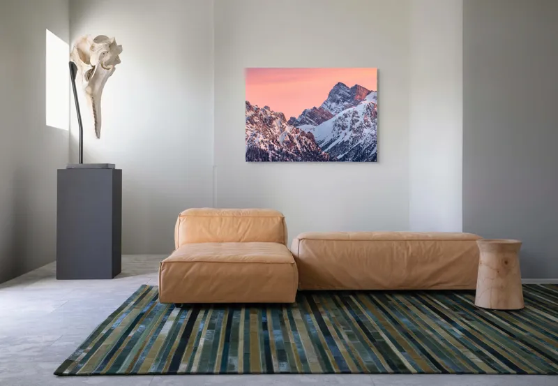 Tablou Canvas, "Lumina caldă a crestelor înzăpezite", Munți, Zăpadă, Amurg, Cer Roz, Vârfuri, Peisaj, Calm, 100 x 70 cm – poza 7