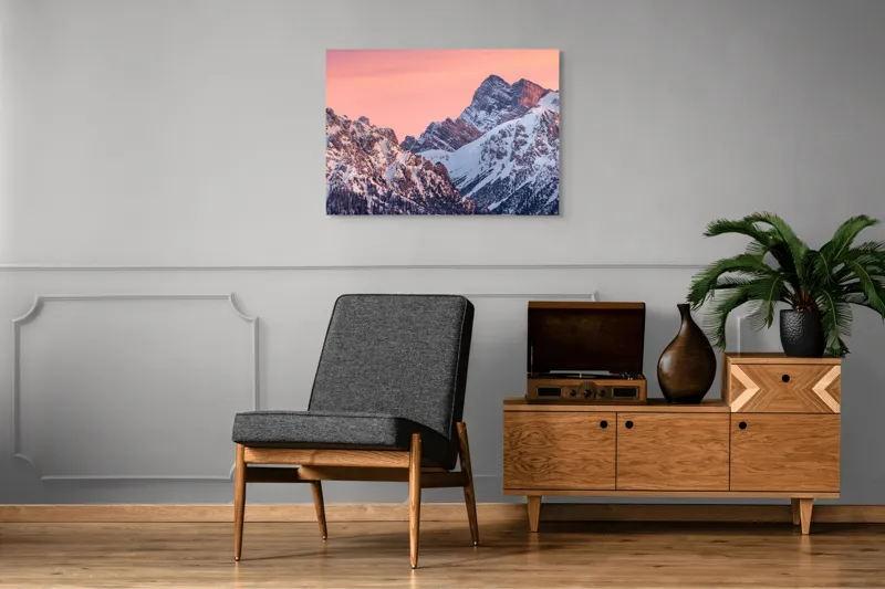 Tablou Canvas, "Lumina caldă a crestelor înzăpezite", Munți, Zăpadă, Amurg, Cer Roz, Vârfuri, Peisaj, Calm, 100 x 70 cm – poza 8
