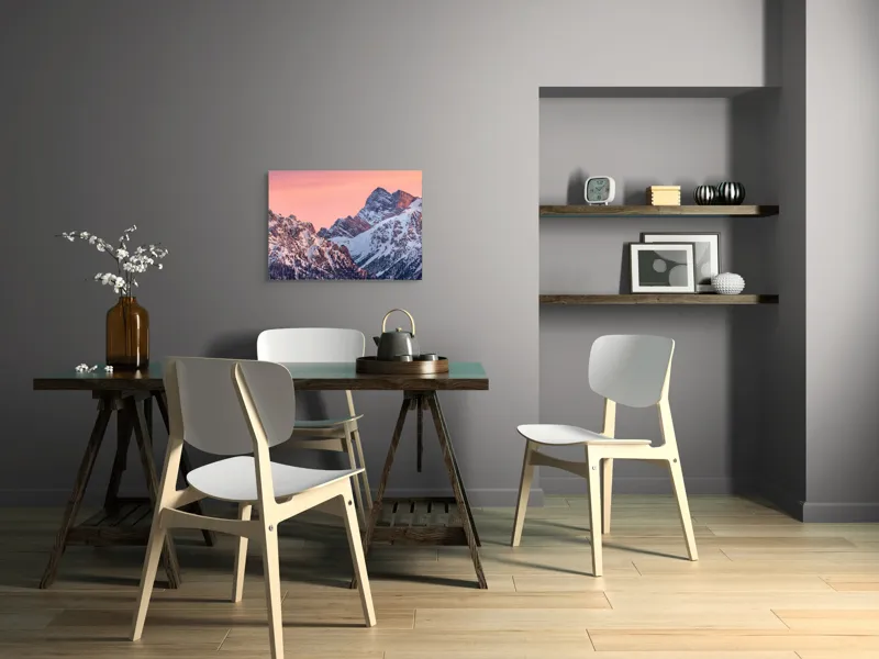 Tablou Canvas, "Lumina caldă a crestelor înzăpezite", Munți, Zăpadă, Amurg, Cer Roz, Vârfuri, Peisaj, Calm, 70 x 50 cm – poza 5