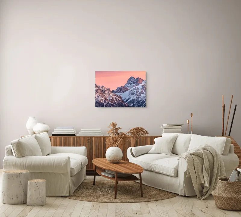 Tablou Canvas, "Lumina caldă a crestelor înzăpezite", Munți, Zăpadă, Amurg, Cer Roz, Vârfuri, Peisaj, Calm, 70 x 50 cm – poza 6