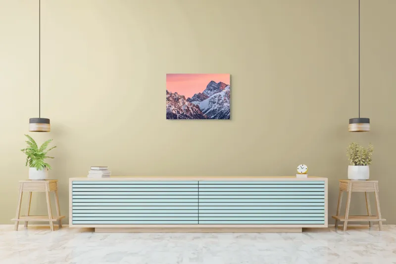 Tablou Canvas, "Lumina caldă a crestelor înzăpezite", Munți, Zăpadă, Amurg, Cer Roz, Vârfuri, Peisaj, Calm, 70 x 50 cm – poza 7
