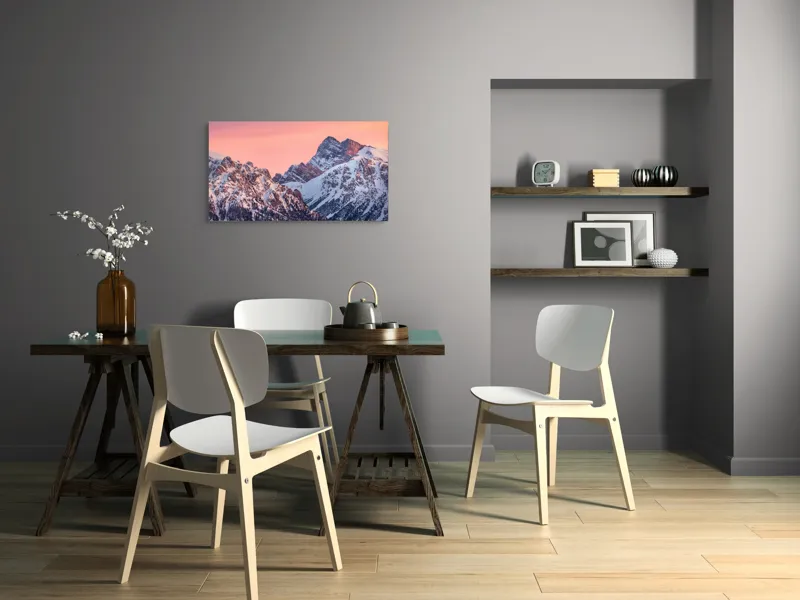 Tablou Canvas, "Lumina caldă a crestelor înzăpezite", Munți, Zăpadă, Amurg, Cer Roz, Vârfuri, Peisaj, Calm, 90 x 50 cm – poza 3
