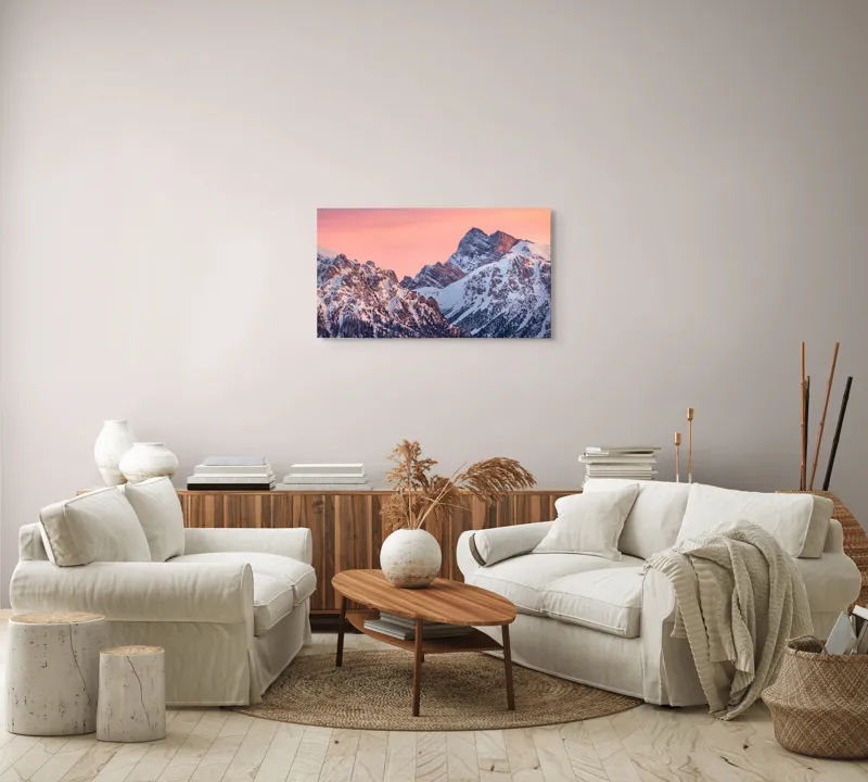 Tablou Canvas, "Lumina caldă a crestelor înzăpezite", Munți, Zăpadă, Amurg, Cer Roz, Vârfuri, Peisaj, Calm, 90 x 50 cm – poza 4