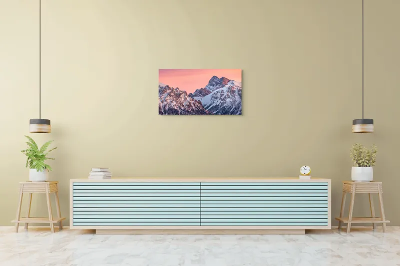 Tablou Canvas, "Lumina caldă a crestelor înzăpezite", Munți, Zăpadă, Amurg, Cer Roz, Vârfuri, Peisaj, Calm, 90 x 50 cm – poza 5