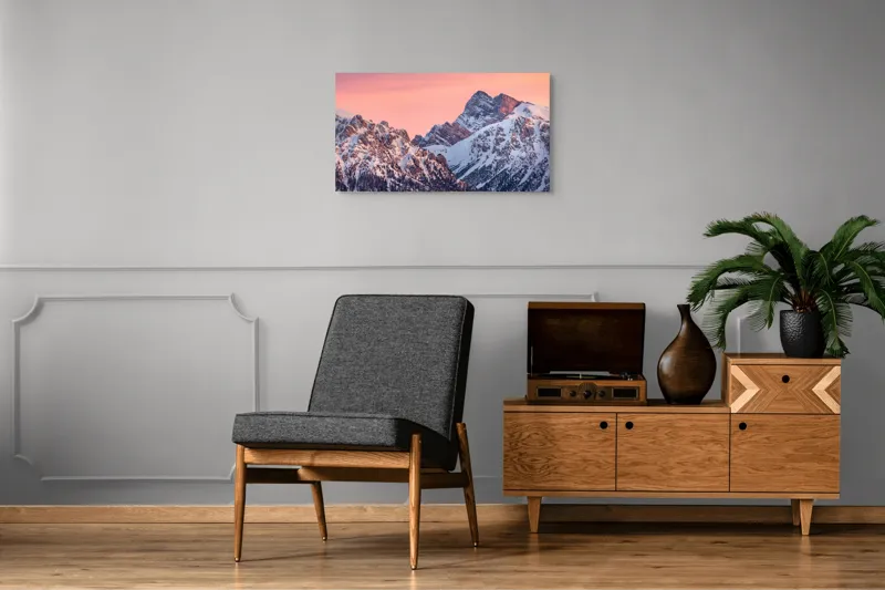 Tablou Canvas, "Lumina caldă a crestelor înzăpezite", Munți, Zăpadă, Amurg, Cer Roz, Vârfuri, Peisaj, Calm, 90 x 50 cm – poza 6