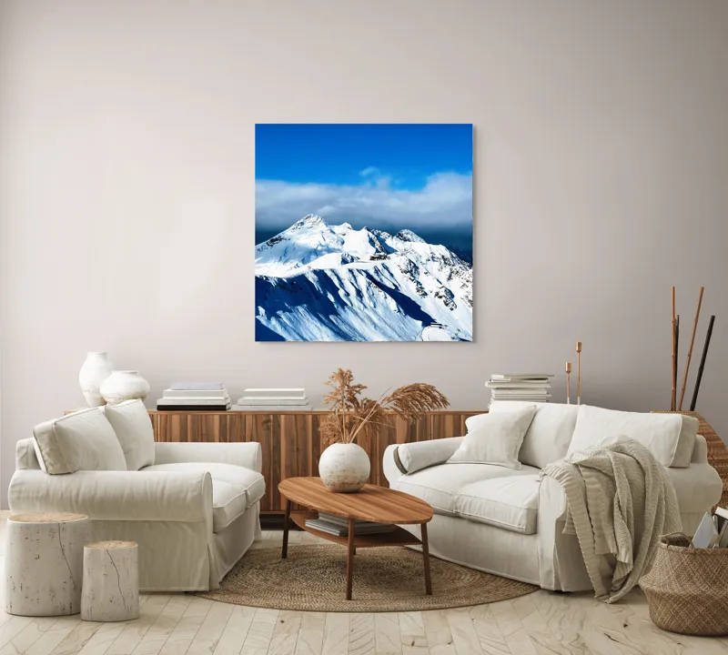 Tablou Canvas, "Strălucirea albă a munților înzăpeziți", Alb, Vârfuri, Înnorate, Peisaj, Însorit, Montan, Albastru, Zăpadă, 100 x 100 cm – poza 3