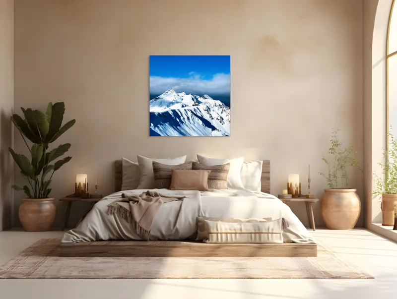 Tablou Canvas, "Strălucirea albă a munților înzăpeziți", Alb, Vârfuri, Înnorate, Peisaj, Însorit, Montan, Albastru, Zăpadă, 100 x 100 cm – poza 4