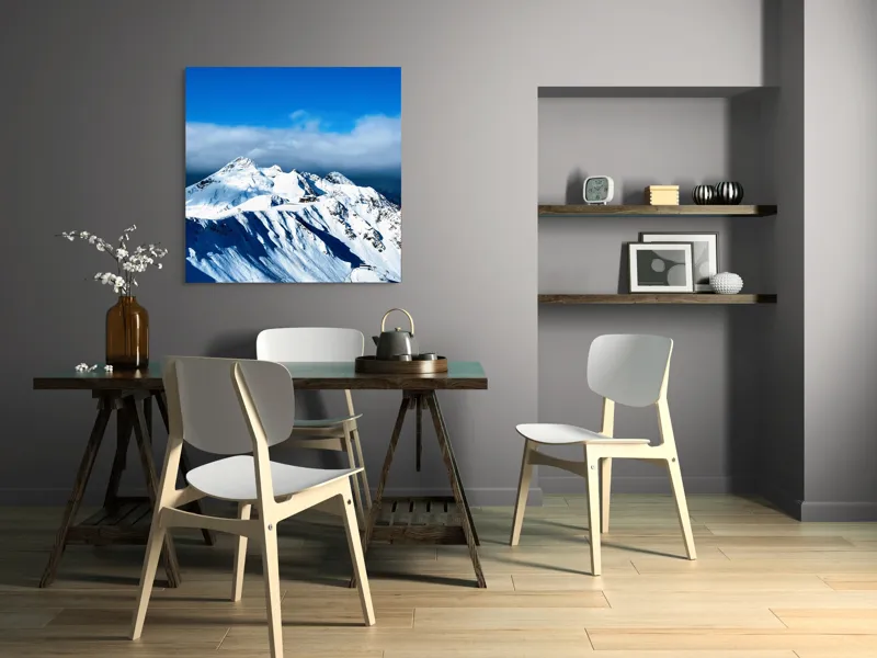 Tablou Canvas, "Strălucirea albă a munților înzăpeziți", Alb, Vârfuri, Înnorate, Peisaj, Însorit, Montan, Albastru, Zăpadă, 100 x 100 cm – poza 6