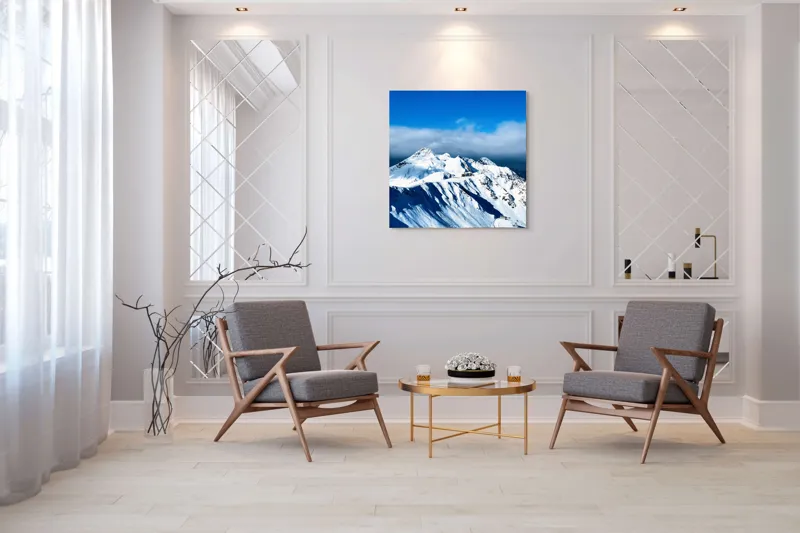 Tablou Canvas, "Strălucirea albă a munților înzăpeziți", Alb, Vârfuri, Înnorate, Peisaj, Însorit, Montan, Albastru, Zăpadă, 100 x 100 cm – poza 7