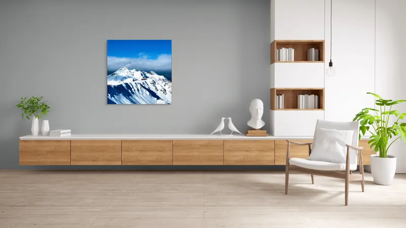 Tablou Canvas, "Strălucirea albă a munților înzăpeziți", Alb, Vârfuri, Înnorate, Peisaj, Însorit, Montan, Albastru, Zăpadă, 100 x 100 cm – poza 8