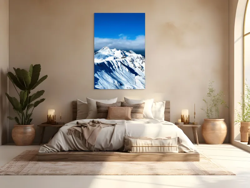 Tablou Canvas, "Strălucirea albă a munților înzăpeziți", Alb, Vârfuri, Înnorate, Peisaj, Însorit, Montan, Albastru, Zăpadă, 100 x 150 cm – poza 3