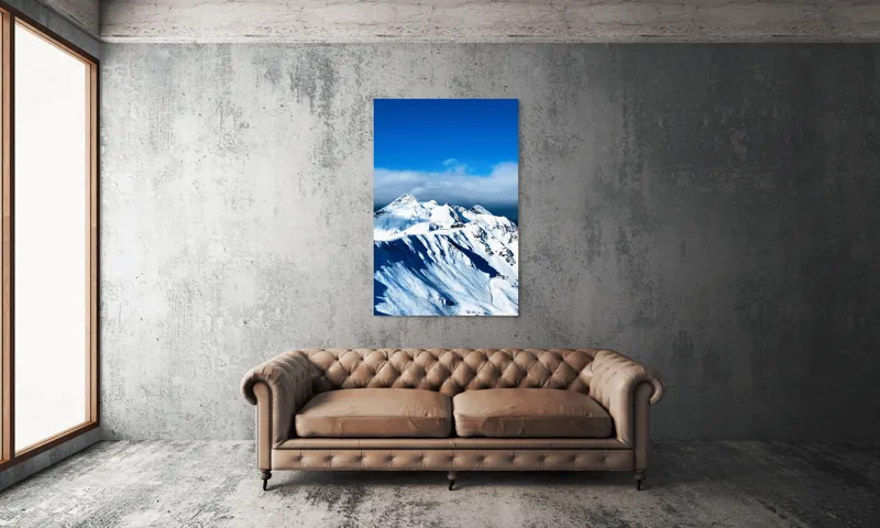 Tablou Canvas, "Strălucirea albă a munților înzăpeziți", Alb, Vârfuri, Înnorate, Peisaj, Însorit, Montan, Albastru, Zăpadă, 100 x 150 cm – poza 6