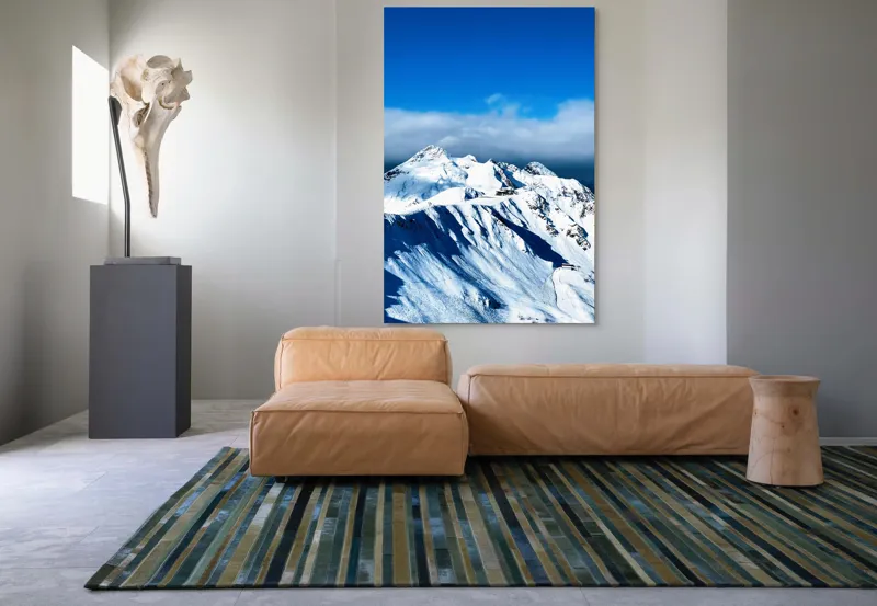 Tablou Canvas, "Strălucirea albă a munților înzăpeziți", Alb, Vârfuri, Înnorate, Peisaj, Însorit, Montan, Albastru, Zăpadă, 100 x 150 cm – poza 7
