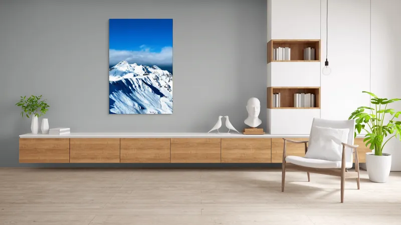 Tablou Canvas, "Strălucirea albă a munților înzăpeziți", Alb, Vârfuri, Înnorate, Peisaj, Însorit, Montan, Albastru, Zăpadă, 100 x 150 cm – poza 8