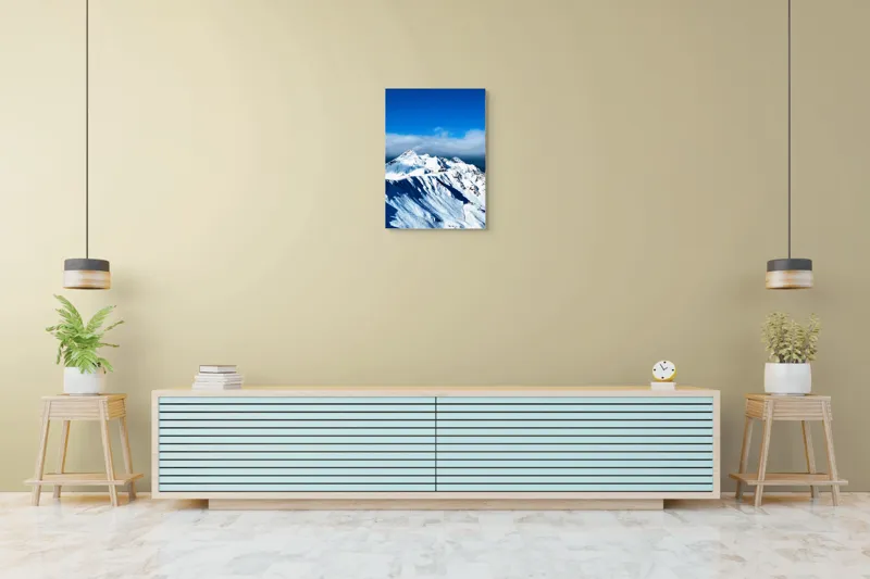 Tablou Canvas, "Strălucirea albă a munților înzăpeziți", Alb, Vârfuri, Înnorate, Peisaj, Însorit, Montan, Albastru, Zăpadă, 50 x 70 cm – poza 6