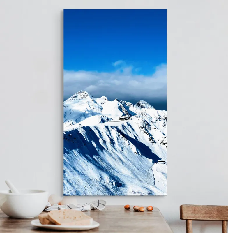 Tablou Canvas, "Strălucirea albă a munților înzăpeziți", Alb, Vârfuri, Înnorate, Peisaj, Însorit, Montan, Albastru, Zăpadă, 50 x 90 cm – poza 3