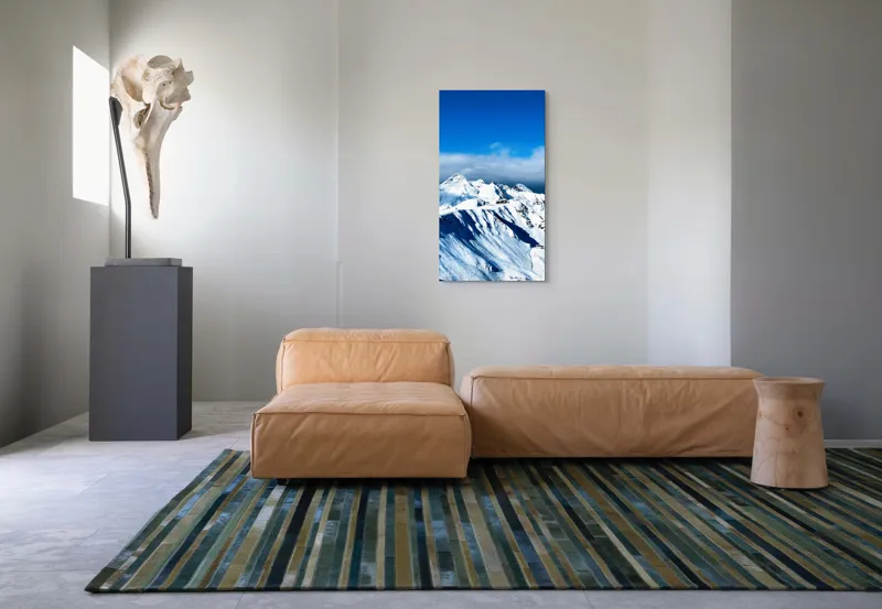 Tablou Canvas, "Strălucirea albă a munților înzăpeziți", Alb, Vârfuri, Înnorate, Peisaj, Însorit, Montan, Albastru, Zăpadă, 50 x 90 cm – poza 5