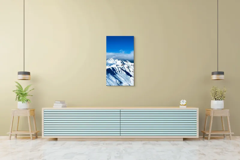 Tablou Canvas, "Strălucirea albă a munților înzăpeziți", Alb, Vârfuri, Înnorate, Peisaj, Însorit, Montan, Albastru, Zăpadă, 50 x 90 cm – poza 6
