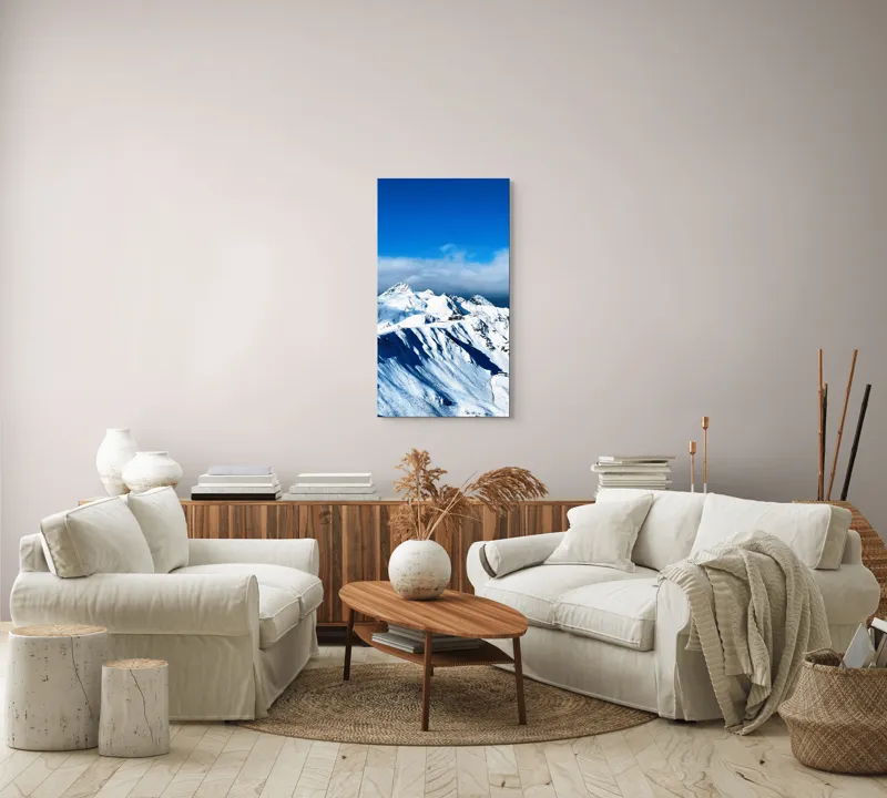 Tablou Canvas, "Strălucirea albă a munților înzăpeziți", Alb, Vârfuri, Înnorate, Peisaj, Însorit, Montan, Albastru, Zăpadă, 50 x 90 cm – poza 7