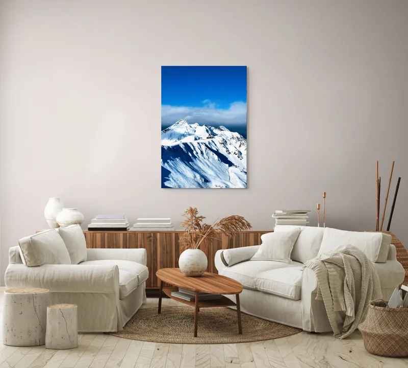 Tablou Canvas, "Strălucirea albă a munților înzăpeziți", Alb, Vârfuri, Înnorate, Peisaj, Însorit, Montan, Albastru, Zăpadă, 70 x 100 cm – poza 4