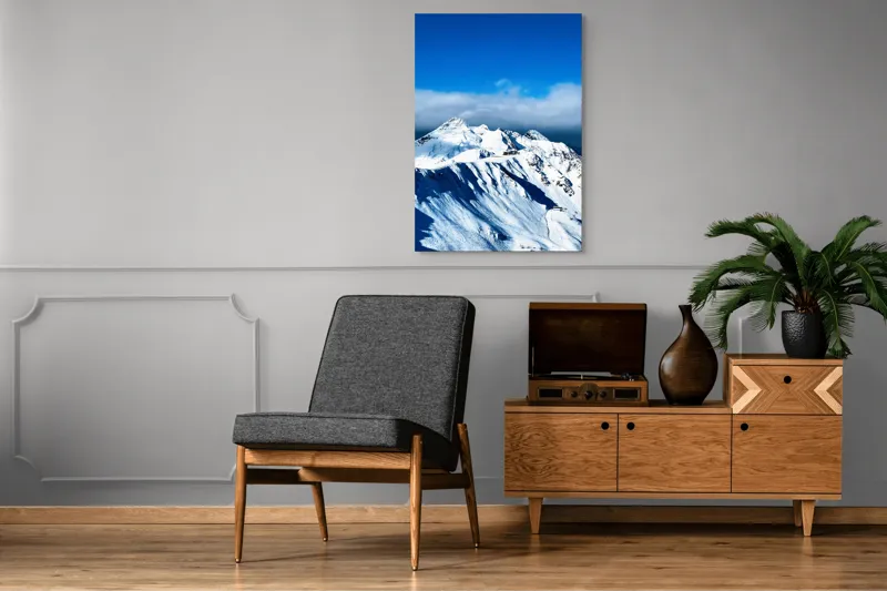 Tablou Canvas, "Strălucirea albă a munților înzăpeziți", Alb, Vârfuri, Înnorate, Peisaj, Însorit, Montan, Albastru, Zăpadă, 70 x 100 cm – poza 6