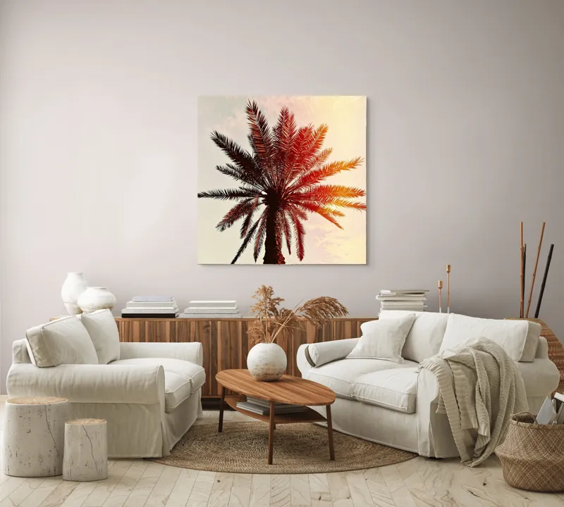 Tablou Canvas, "Apus de soare printre frunze tropicale", Palmier, Apus, Siluetă, Cer, Soare, Frunze, Culoare, Lumină, 100 x 100 cm – poza 3