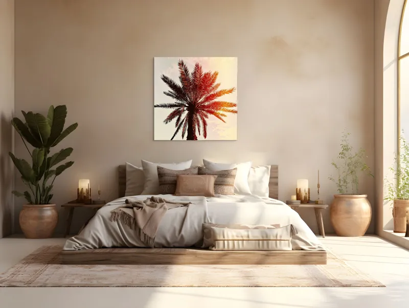 Tablou Canvas, "Apus de soare printre frunze tropicale", Palmier, Apus, Siluetă, Cer, Soare, Frunze, Culoare, Lumină, 100 x 100 cm – poza 4