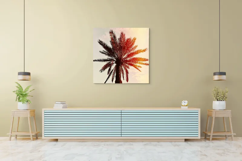 Tablou Canvas, "Apus de soare printre frunze tropicale", Palmier, Apus, Siluetă, Cer, Soare, Frunze, Culoare, Lumină, 100 x 100 cm – poza 5